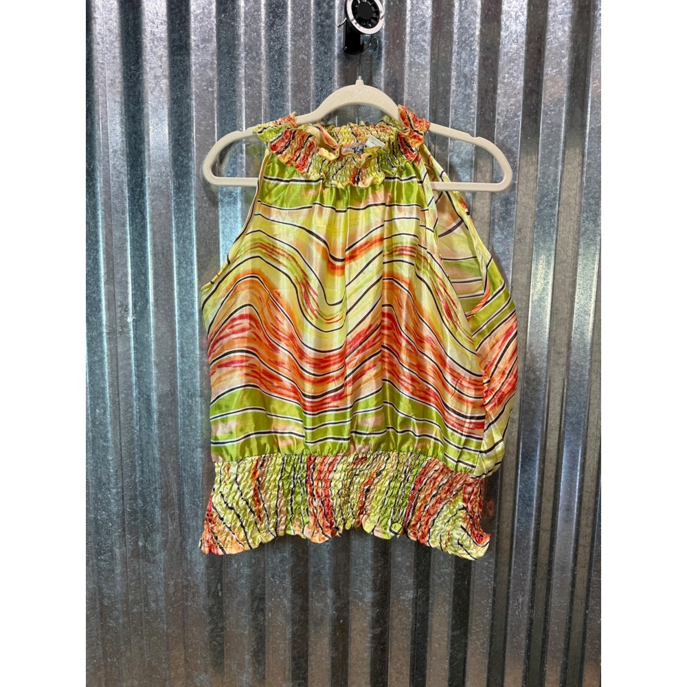 Erica Brooke Collection Halter Top Wavy Stripe Smocked Green Orange Plus Size 14